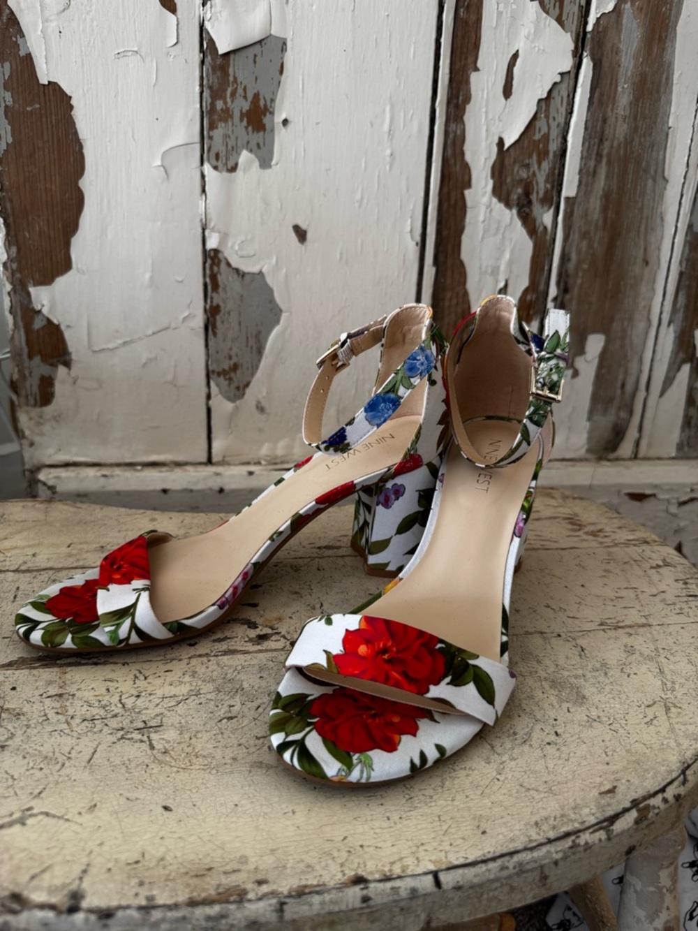 Nine West Floral Print Ankle-Strap Block Heel Sandals